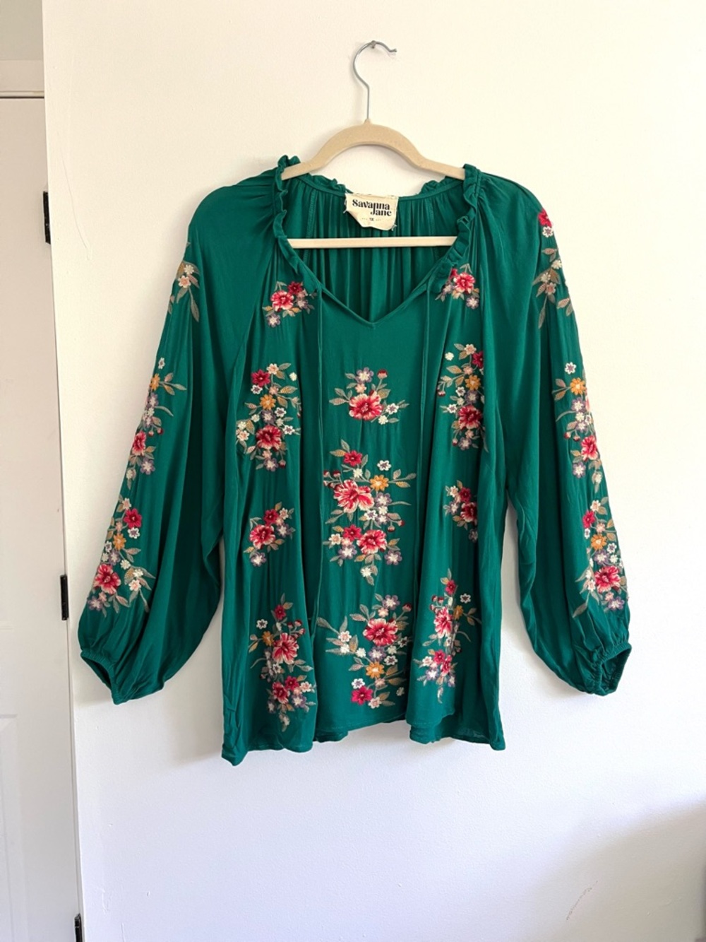 Savanna Jane Plus Size Teal Green Embroidered Floral Boho Long Sleeve Blouse